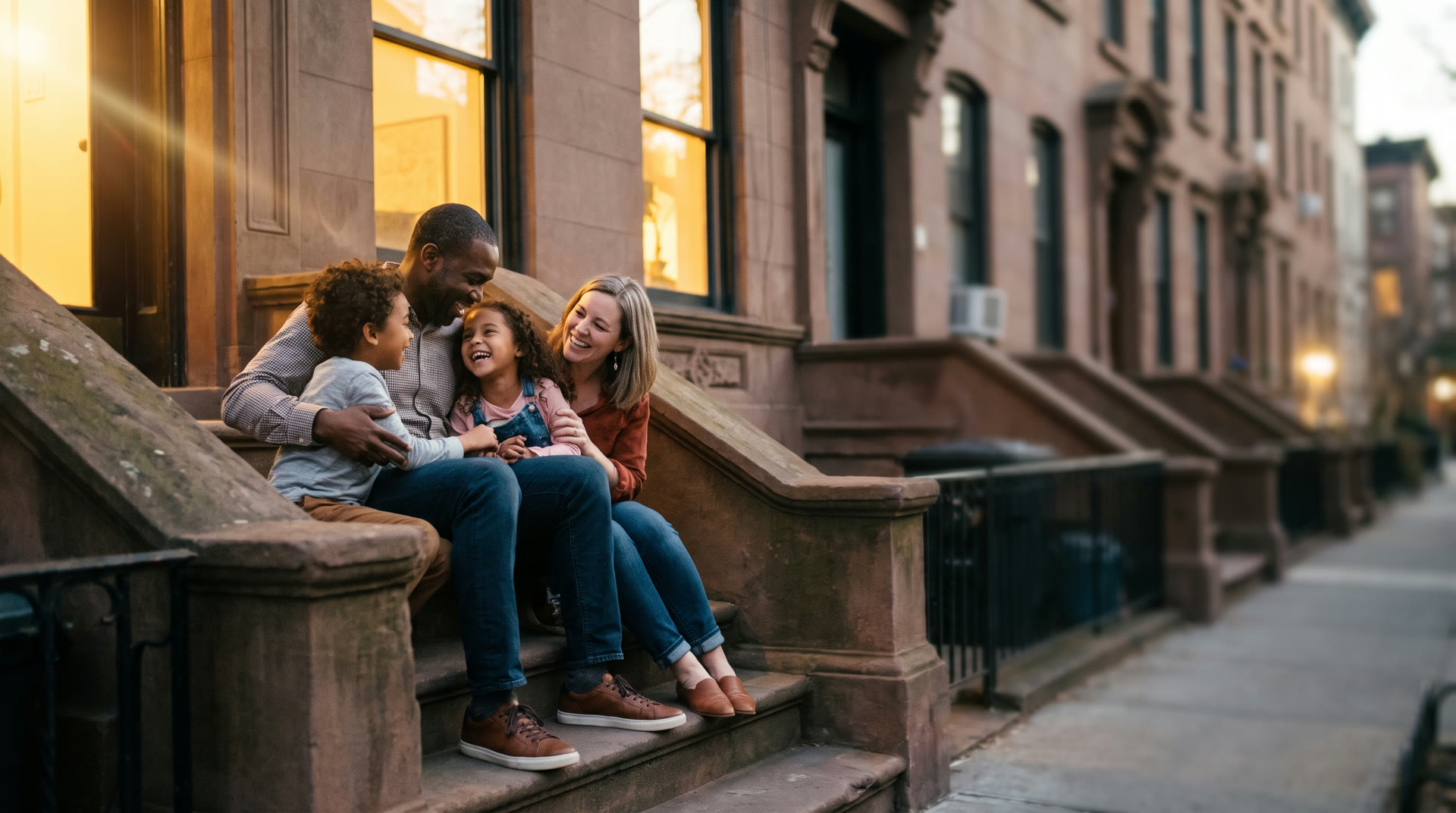 A family laughing together on the stoop of their brick townhome at dusk